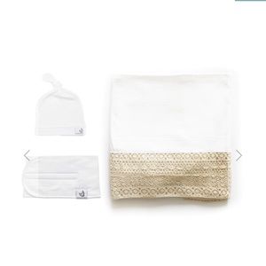 Memeeno luxe heirloom swaddle blanket, baby belly band, top knot hat set